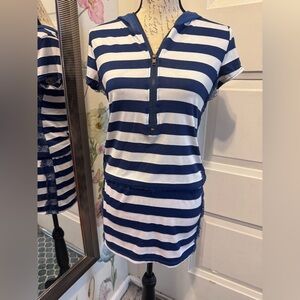 Striped Navy & White Hooded Mini Dress with Zip